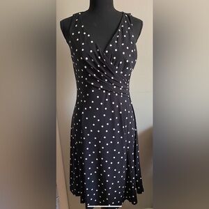Black Dress with White Polka Dots Wrap Look Across the Front V Neck